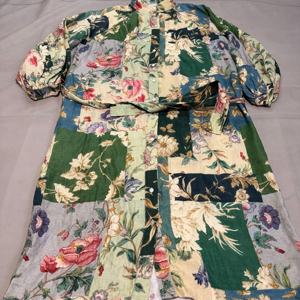 ALEMAIS Loretta Floral Patchwork 100% Pure Linen Maxi Dress Kimono /wBelt-8-XXXX